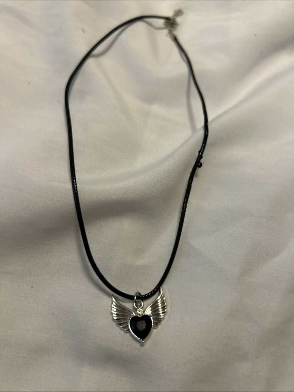 Black Heart W/wings silver Tone Choker on 18” Black Cord Nylon Cord